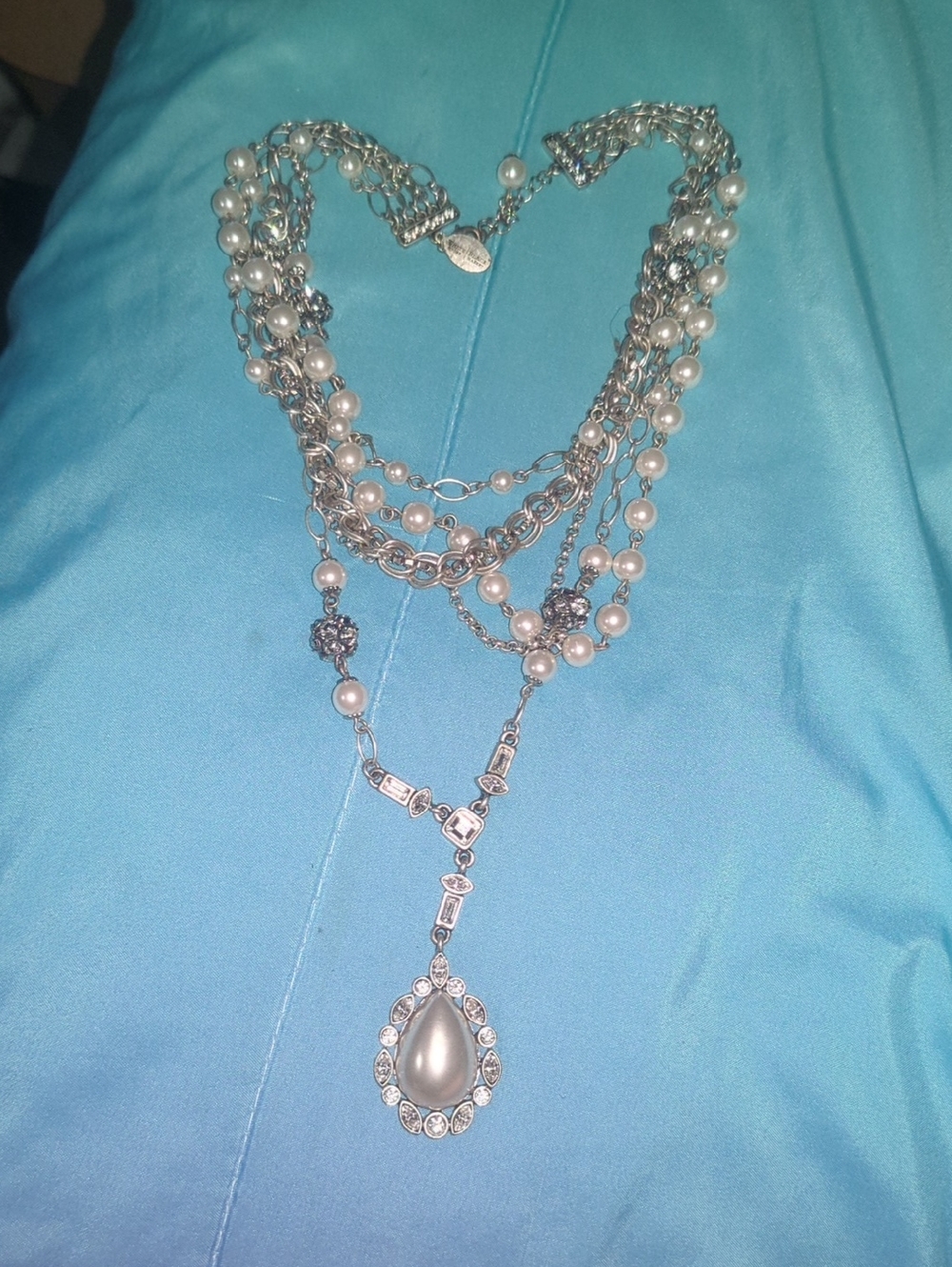 Multi-Strand Silver Pearl Teardrop Pendant Necklace